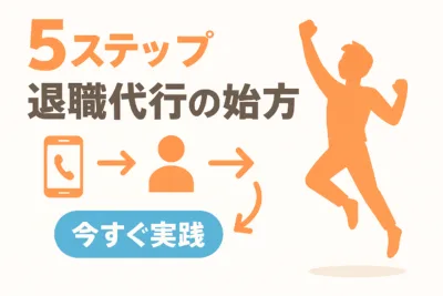 退職代行の始め方を5ステップで示した成功ガイド図。業者選定から完了まで失敗しない手順を番号付きフローチャートで視覚化し、各段階の重要ポイントを明記