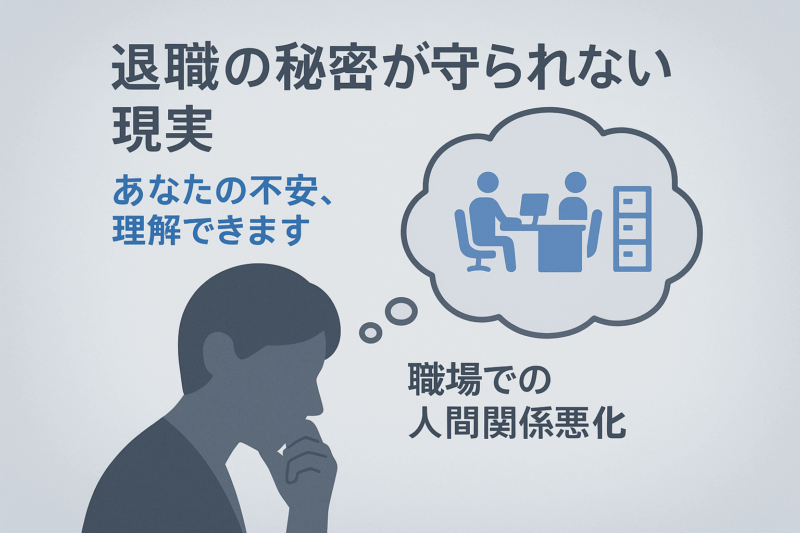 退職を言いふらされる不安を抱える会社員の横顔シルエットとオフィス環境。職場での退職情報漏洩リスクと心理的ストレスを表現した概念図