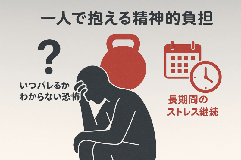 自力退職時の精神的負担と時間的コストを表現した概念図。上司の性格依存リスクと不確実性による心理的ストレスの重圧感を象徴的に表示