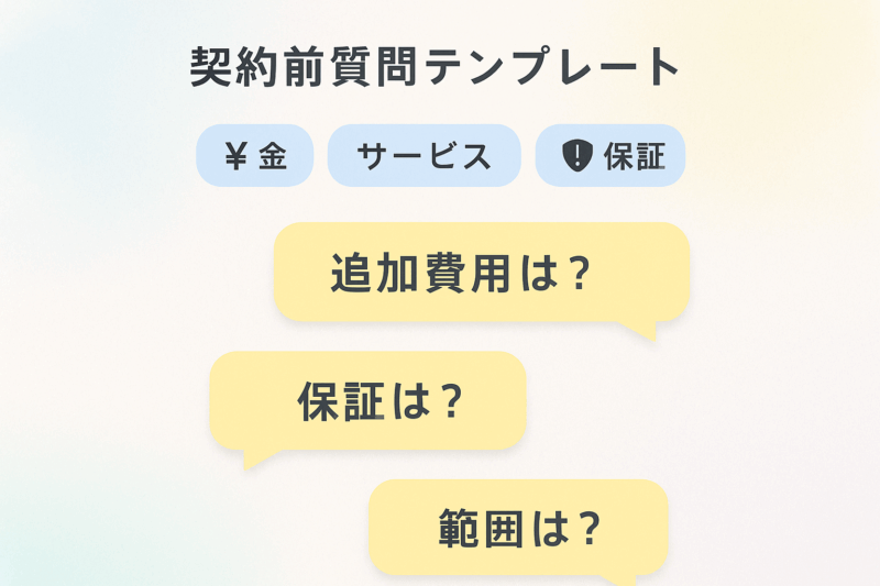 退職代行契約前の必須確認項目7点をチェックリスト形式で表示。追加料金・保証内容・サービス範囲の確認ポイントを重要度順に整理した実用的テンプレート