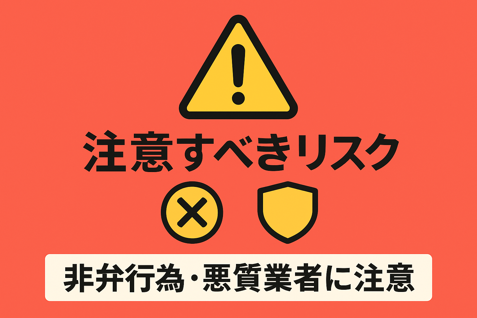 退職代行基本知識として注意すべき法的リスクを警告表示。非弁行為・悪質業者の危険性を赤色で強調した注意喚起図