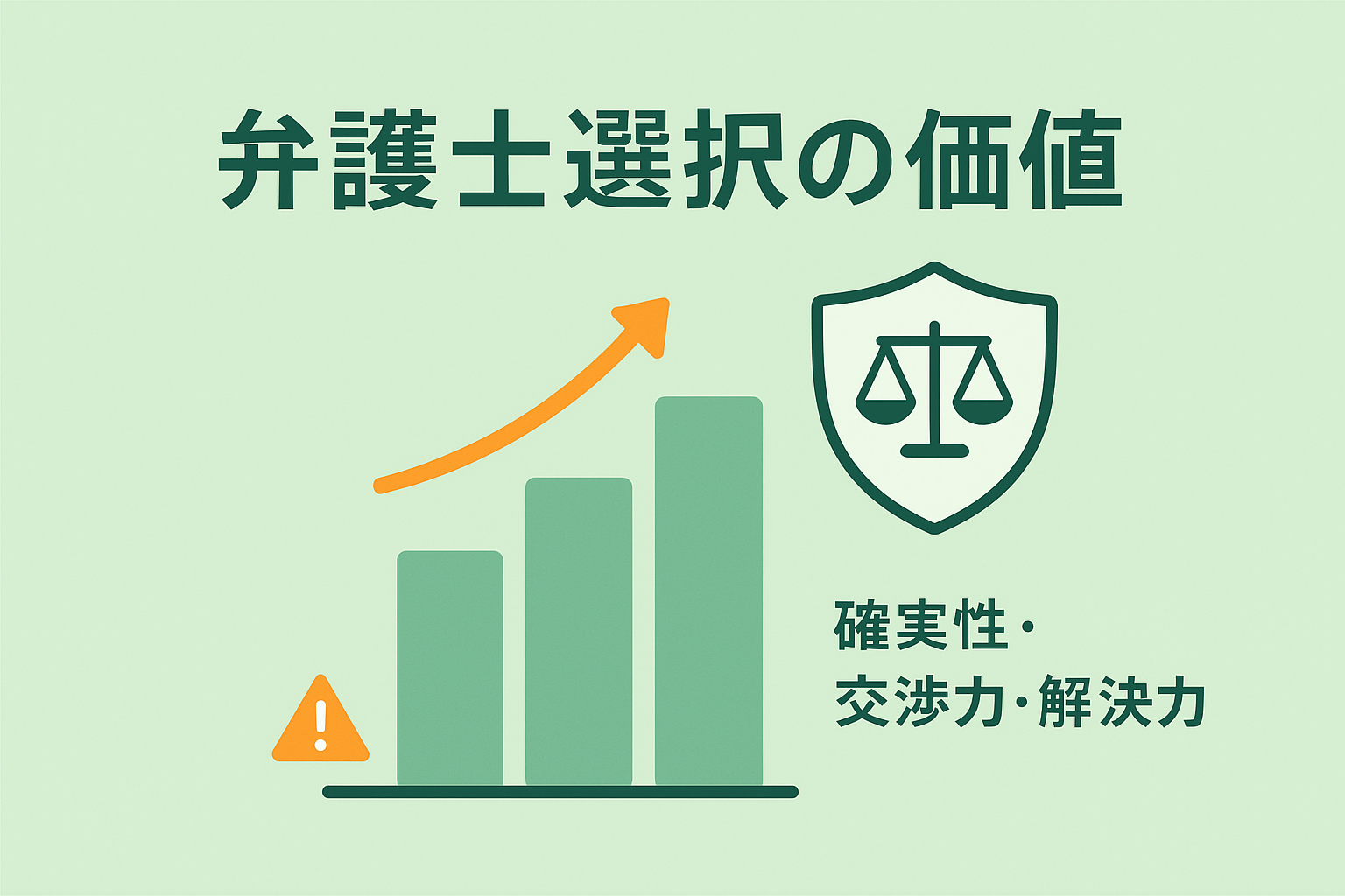 弁護士選択のメリットを階段グラフで表現。確実性・交渉力・法的対応・金銭回収の4段階で価値を積み上げ、投資効果を視覚的に説明
