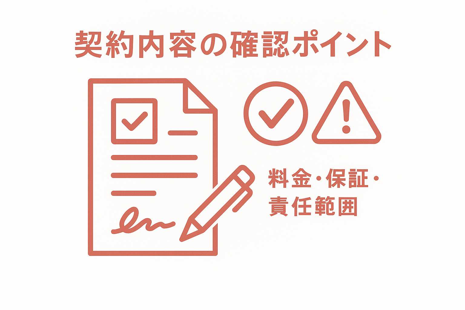 退職代行契約時の重要確認ポイントを整理したチェック図。料金体系・サービス範囲・保証制度・個人情報取扱いの4項目を重要度別に色分け表示
