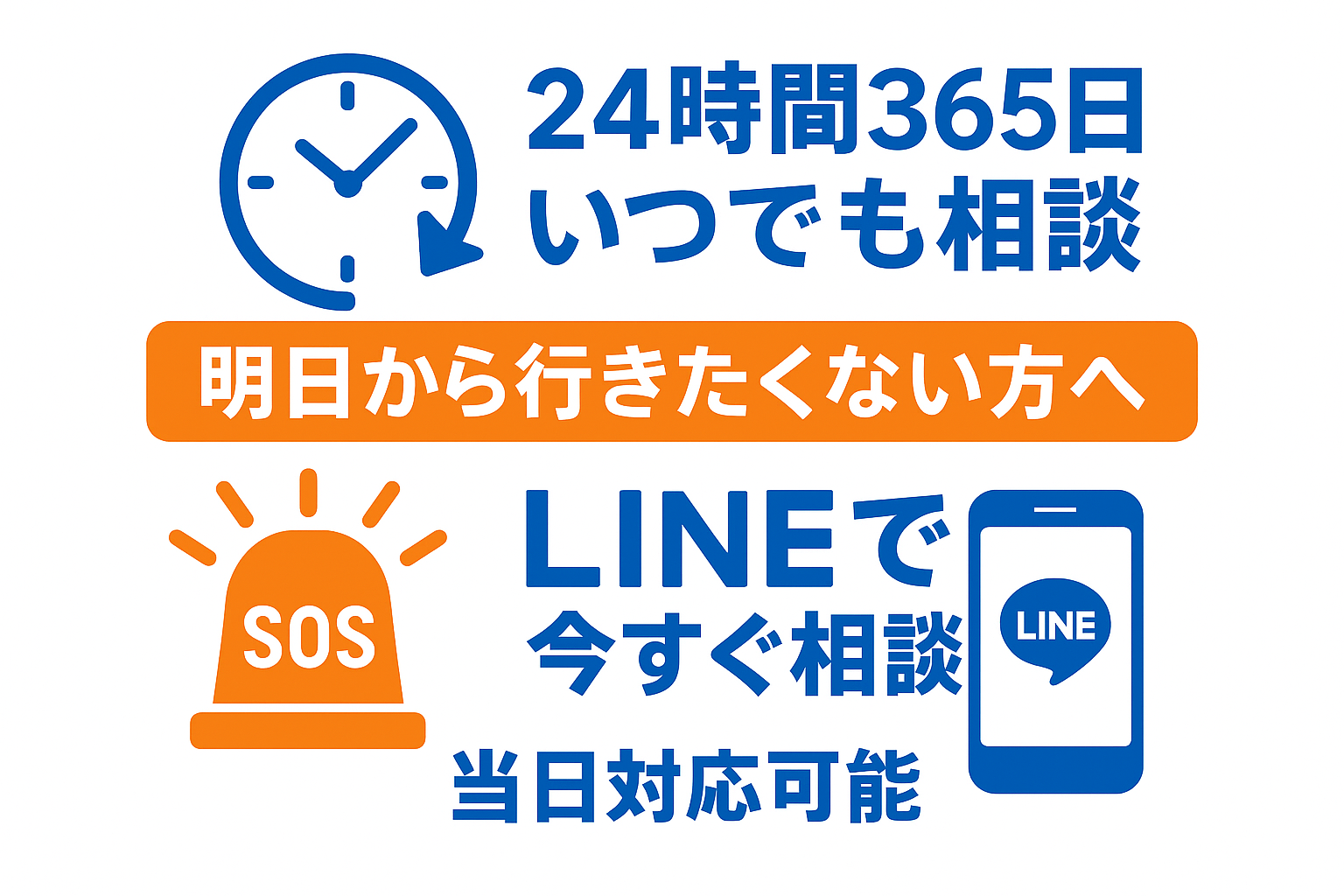 24時間365日対応の緊急退職サービスを時計アイコンとLINE相談で表現。明日から行きたくない緊急事態への即日対応力を強調表示