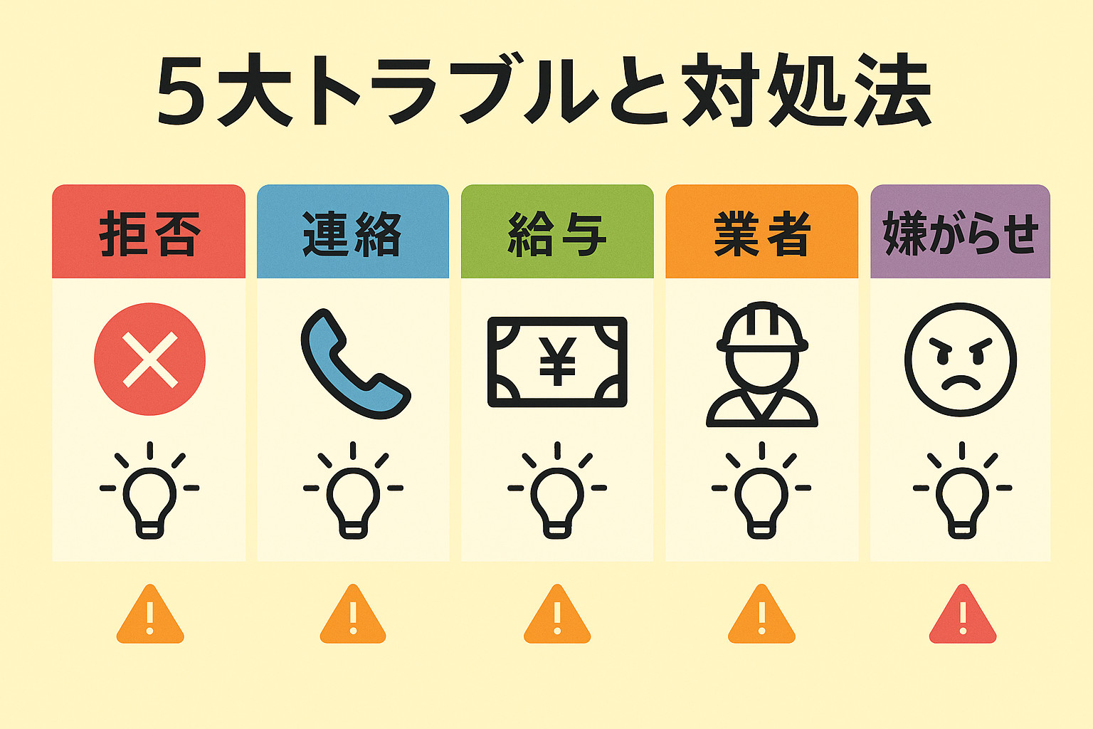 退職代行のよくあるトラブル5種類と対処法を一覧化した対策表。会社拒否・直接連絡・給与未払い・業者トラブル・事後嫌がらせの具体的解決策を併記