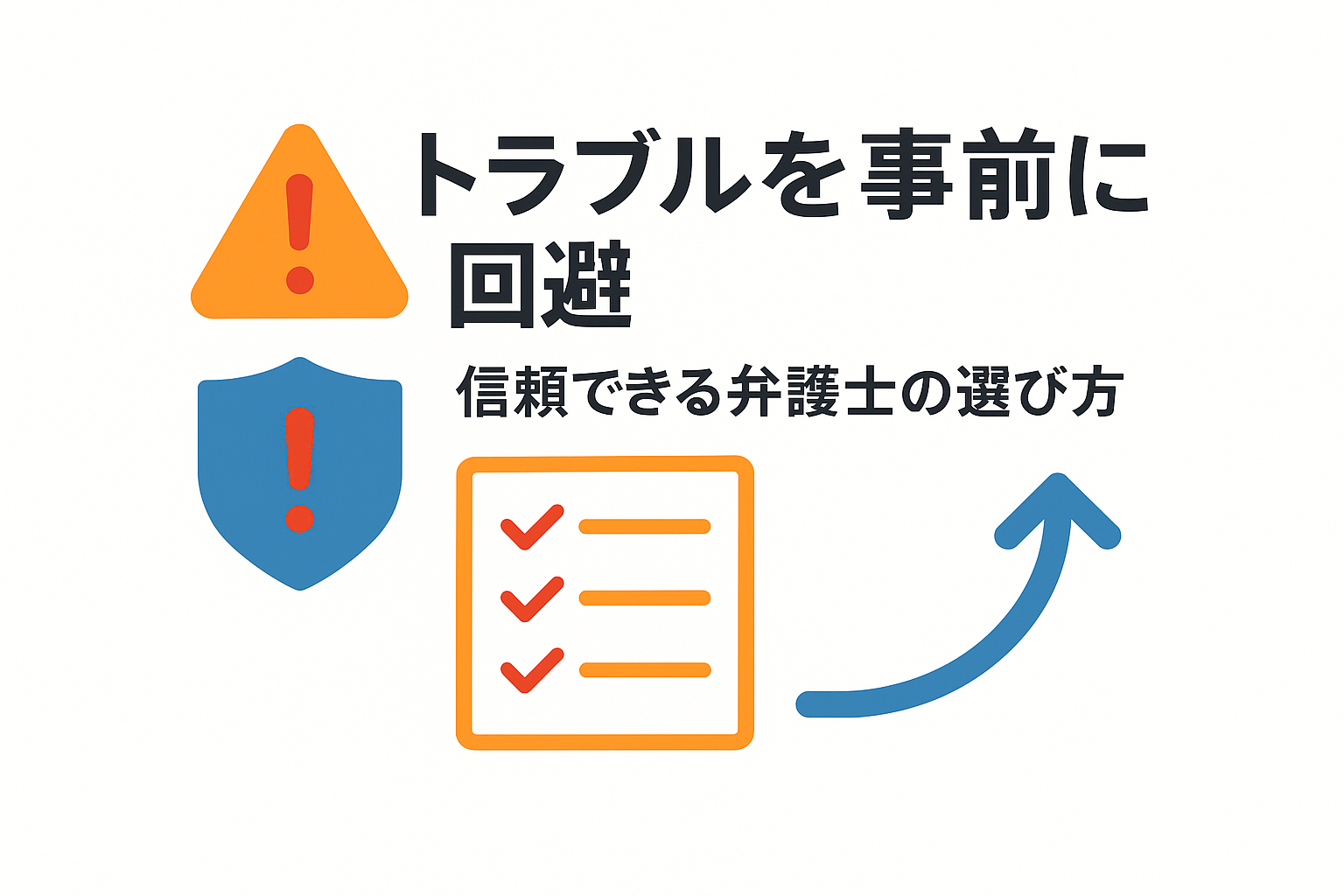 トラブル回避のポイントを警告アイコンで表示。信頼できる弁護士の選び方3つの基準と注意すべき3つのリスクを対比形式で整理