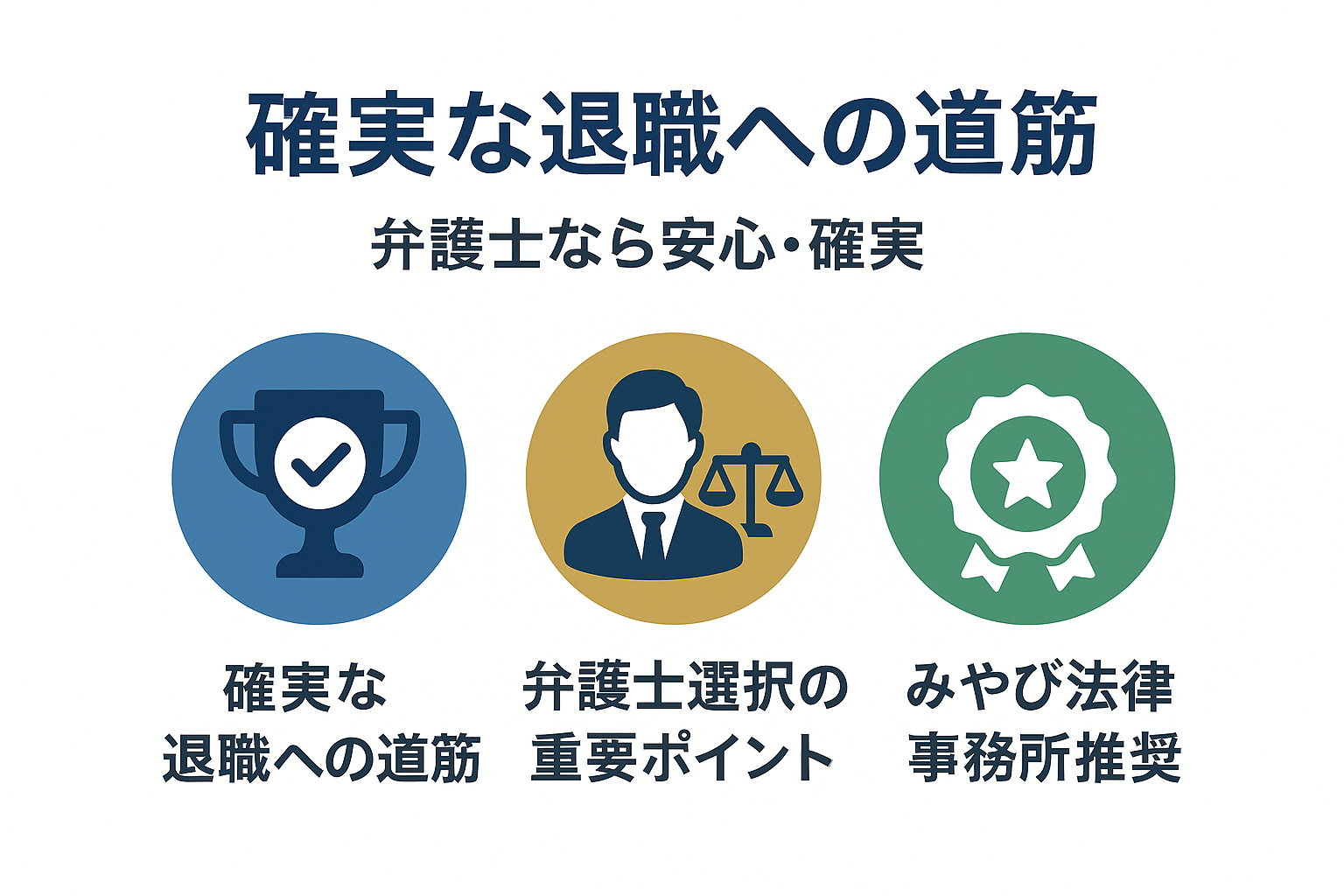 退職成功への道筋を示すガイド図。弁護士選択の重要性・確実性・安全性の3要素を統合し、理想的な退職実現への最適ルートを表示