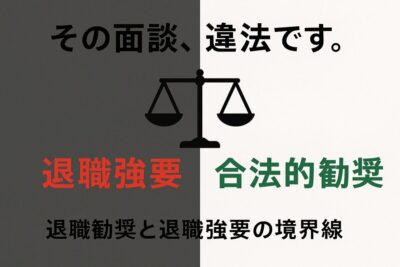 AIリストラにおける退職勧奨と退職強要の違いを解説する画像。「その面談、違法です。」というテキストと共に、合法と違法の境界線が天秤のアイコンで示されている。