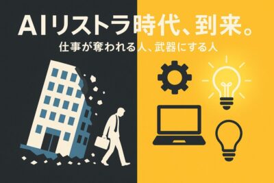 AIリストラ時代を生き抜く対策をテーマにした画像。左側には崩れるオフィスビル、右側には光るスキルアイコンが描かれ、「仕事が奪われる人、武器にする人」というテキストが記載されている。