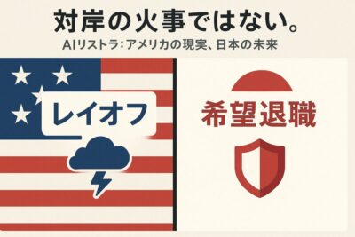 AIリストラの海外事例として、アメリカと日本の違いを比較する画像。「対岸の火事ではない。」というテキストと共に、アメリカの「レイオフ」と日本の「希望退職」が対比されている。