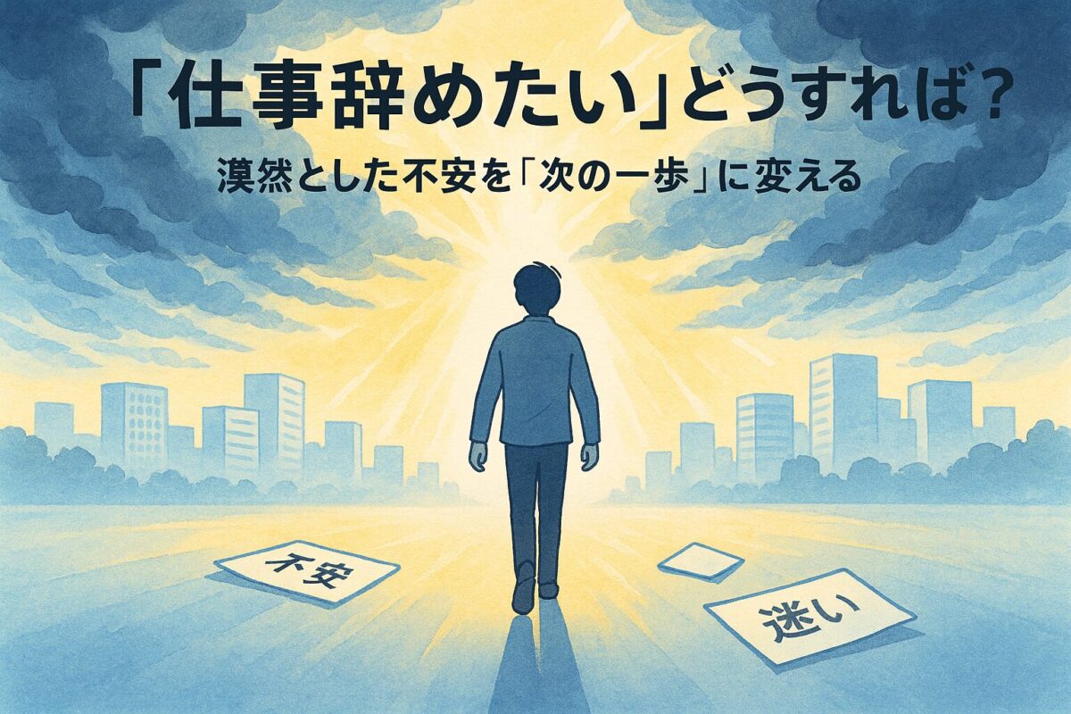 漠然とした不安を抱えながらも、希望の光に向かって歩み出す人物のイラスト。「仕事 辞め たい どうすれば いい」という悩みを解決し、前向きな一歩を踏み出すことを象徴する一枚。