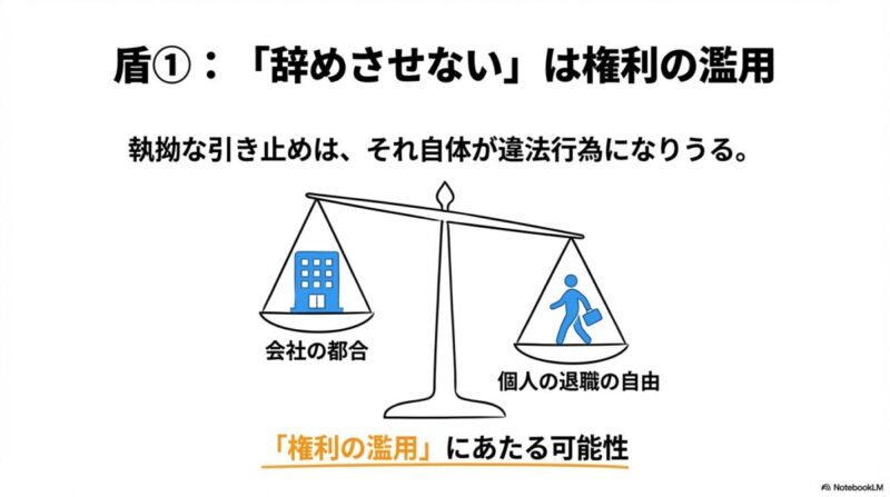 「「辞めさせてくれない」は違法?強引な引き止めを論破する法的根拠」をテーマにした挿絵。労働者の「退職の自由」(民法627条)が会社の強引な引き止め(権利の濫用)を跳ね返している様子。