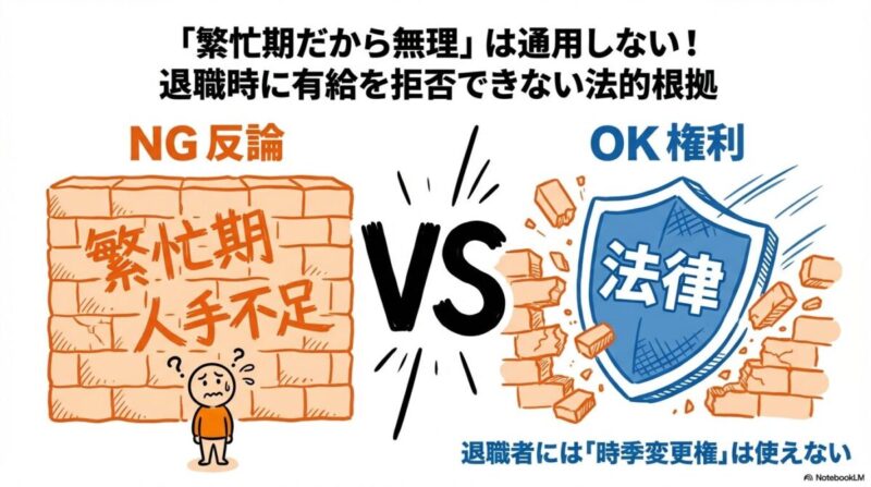 「「繁忙期だから無理」は通用しない!退職時に有給を拒否できない法的根拠」をテーマにした挿絵。天秤や盾のイメージで、労働者の権利(法律)が会社の「繁忙期」という主張を明確に上回っている様子。