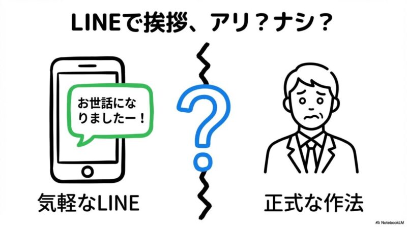「今どき退職の挨拶はLINEでOK?「相手別」に変わる判断基準とマナー」をテーマにした挿絵。ビジネスメールのアイコンとLINEアプリのアイコンが並び、上司・取引先にはメール(公式)、親しい同僚にはLINE(補足)と、相手によって適切なツールを使い分けるイメージ。