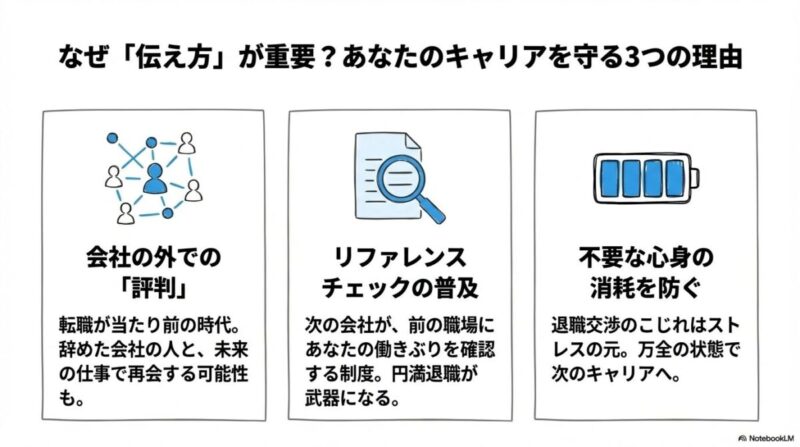 「そもそも、なぜ退職の「伝え方」が重要なのか?キャリアを守る3つの理由」をテーマにした挿絵。円満退職が、リファレンスチェックを通り抜け、未来のキャリアへの扉を開く鍵となる様子を抽象的に表現。