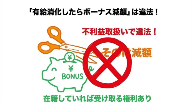 「「有給消化したらボーナス減額」は違法!知っておくべき金銭的権利」をテーマにした挿絵。有給取得の記号(葉のマークなど)とボーナス(お金の袋)が鎖でつながれており、有給を理由に金銭的権利が不当に侵害されないことを示す。