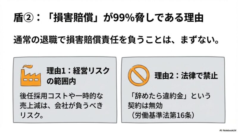 「「損害賠償を請求する」と脅されたら?99%が脅しである理由を解説」をテーマにした挿絵。「損害賠償」という巨大な言葉が、小さな盾(労働基準法第16条)によって無力化されている様子。