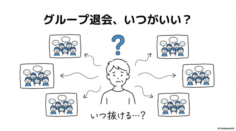 「「いつ抜ける?」職場のLINEグループ退会のベストタイミングと最後のメッセージ」をテーマにした挿絵。グループチャットの画面から、退職日の翌日を指すカレンダーのマークへスムーズに移行し、「ありがとうございました」というメッセージを残して退出する様子。
