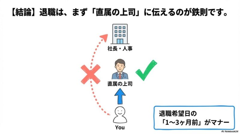 「【結論】退職の意思は、まず「直属の上司」に伝えるのが鉄則」をテーマにした挿絵。部下から直属の上司へ、適切なルートを通って退職の意思が伝えられている様子を、組織図や矢印を用いて示す。