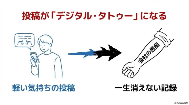 「要注意!そのLINE/SNS投稿がキャリアを壊す「デジタル・タトゥー」になる」をテーマにした挿絵。SNSに投稿されたネガティブな言葉が、消えないタトゥーのようにキャリアの道筋に刻みつけられ、未来の扉を閉ざしてしまう様子。