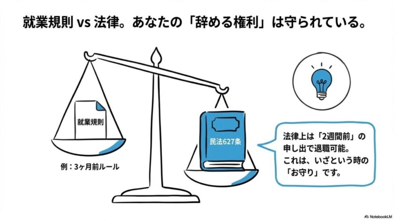 「就業規則と法律(民法627条)、どっちが優先?退職の権利を知って不安を解消」をテーマにした挿絵。大きな盾として表現された「民法627条」が、就業規則の小さな壁よりも強力であることを示すイラスト。