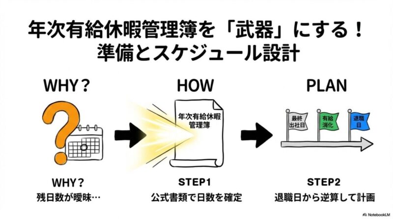 「年次有給休暇管理簿を「武器」にする!準備とスケジュール設計」をテーマにした挿絵。有給残日数が記載された帳簿(管理簿)が、交渉を有利に進めるための具体的なスケジュール表(カレンダー)に変わる様子。
