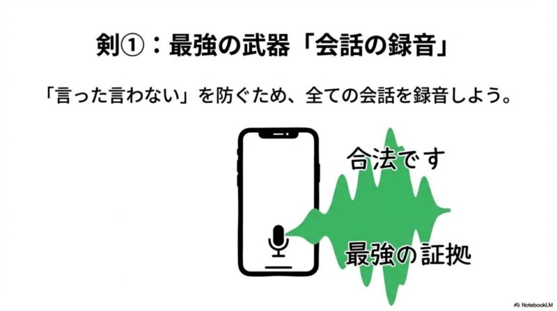 「今すぐできる!会社と戦うための具体的な自己防衛策」をテーマにした挿絵。小型のICレコーダーやスマートフォンの録音ボタンが強調され、それらが交渉における最強の証拠(武器)となっている様子。