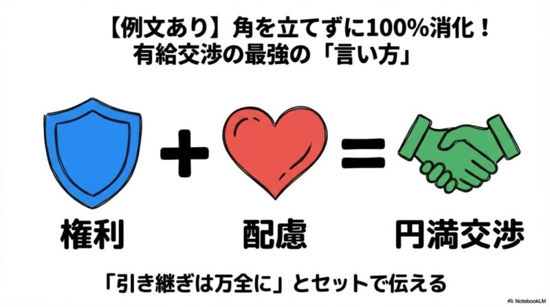 「【例文あり】角を立てずに100%消化!有給交渉の最強の「言い方」」をテーマにした挿絵。上司と部下が対話し、部下が権利を示す「盾」と配慮を示す「手」を同時に差し出し、円滑なコミュニケーションを図っている様子。