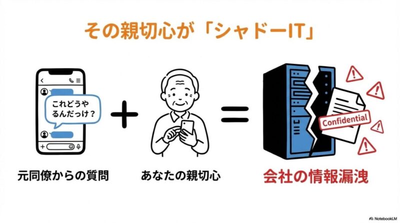 「無意識が危険!退職後の「シャドーIT」が引き起こす情報漏洩リスク」をテーマにした挿絵。会社の管理外にある個人のスマートフォン(LINE画面)から、機密情報(鍵付きの書類)が意図せず漏れ出している様子。