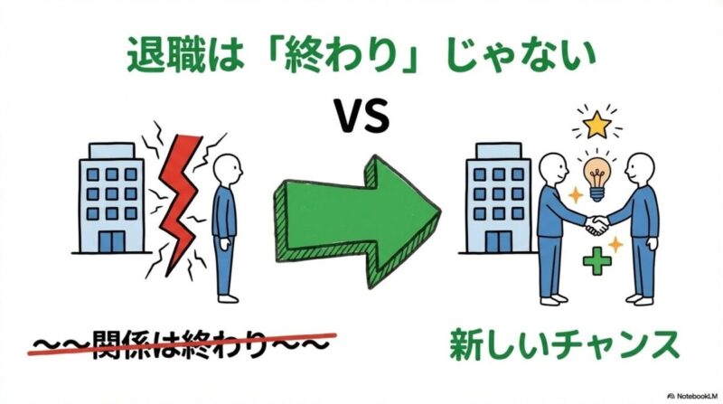 「退職後も「賢く繋がる」!アルムナイ・ネットワーク活用のススメ」をテーマにした挿絵。会社のロゴが入った卒業証書(アルムナイ)を持った人が、外部と内部を繋ぐ橋の上に立ち、再雇用や協業のチャンスを示している様子。