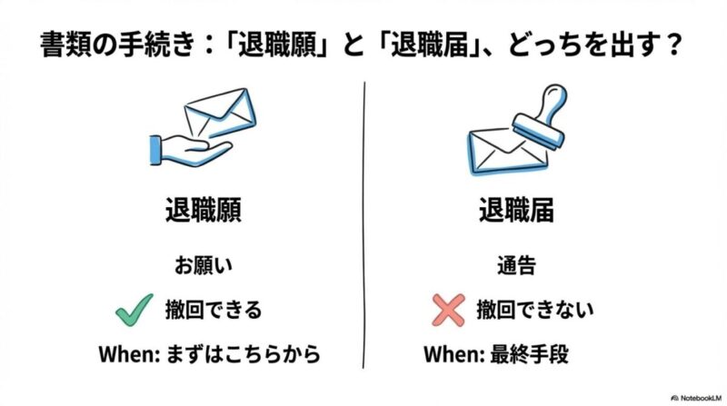 「退職願・退職届の正しい提出フローと書き方」をテーマにした挿絵。「退職願」と書かれた書類が、丁寧に封筒に入れられて上司に提出される様子。撤回可能な「お願い」であることを示す。