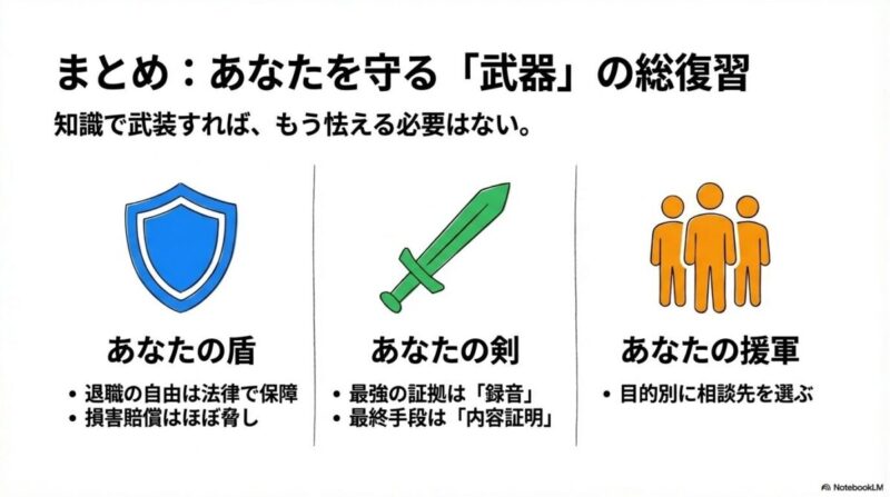 「「退職で揉める」に関してよくある質問(FAQ)」をテーマにした挿絵。頻繁に寄せられる質問や疑問符が、整理されたリストやアイコンによって一つずつ解決へと導かれている様子。