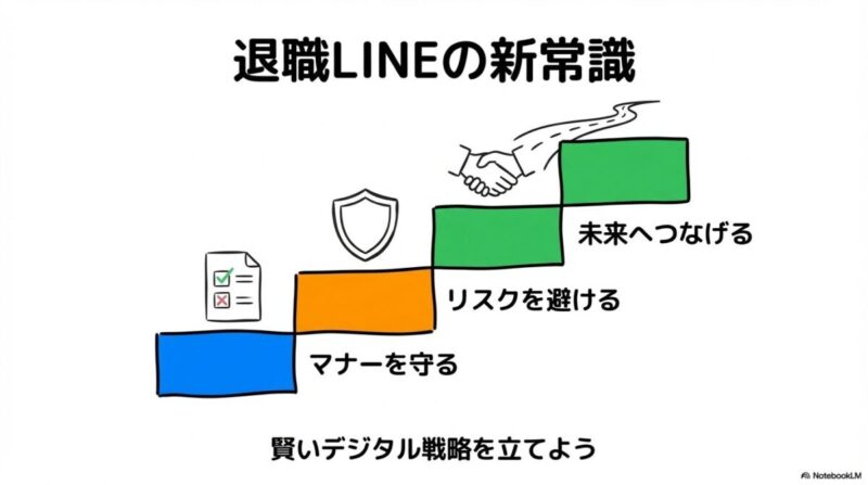 「まとめ:デジタル時代の退職挨拶は「リスク管理」と「キャリア戦略」」をテーマにした挿絵。「リスク管理」と「キャリア戦略」という二つの言葉が描かれた天秤や歯車が、デジタルコミュニケーション(スマートフォン)上でバランス良く機能している様子。