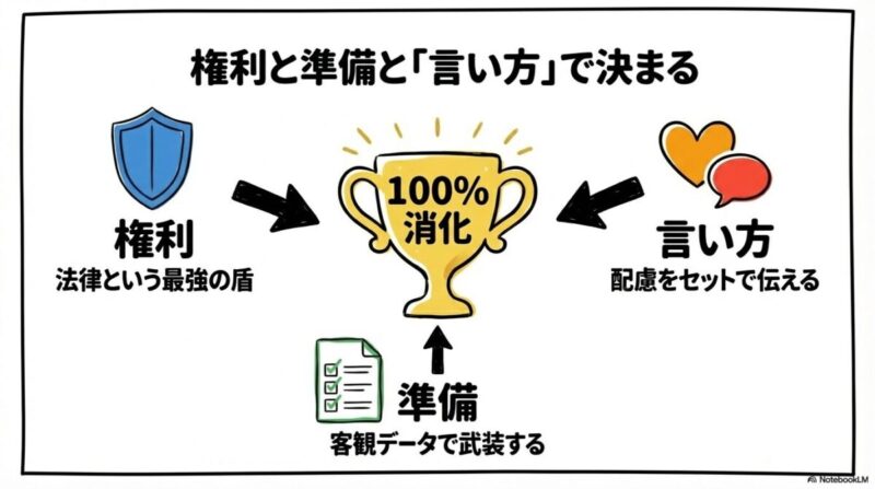 「まとめ:退職時の有給消化は、権利と準備と「言い方」で決まる」をテーマにした挿絵。「権利」「準備」「言い方」という三つの要素が、有給を100%消化するという目標を達成するための三脚を構成している様子。