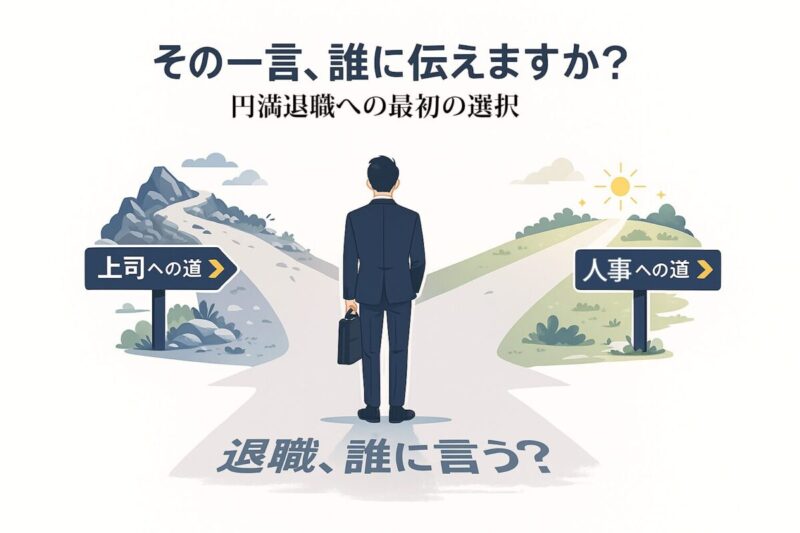 「上司」と「人事」への分岐路に立ち、「退職は誰に言うか」と悩むビジネスパーソンのイラスト。この記事のテーマである、円満退職のための正しい伝え方の選択を象徴する一枚。