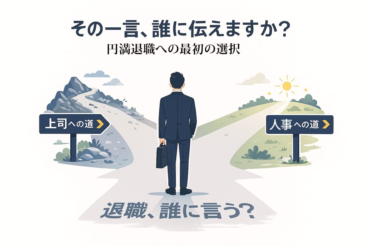 「上司」と「人事」への分岐路に立ち、「退職は誰に言うか」と悩むビジネスパーソンのイラスト。この記事のテーマである、円満退職のための正しい伝え方の選択を象徴する一枚。