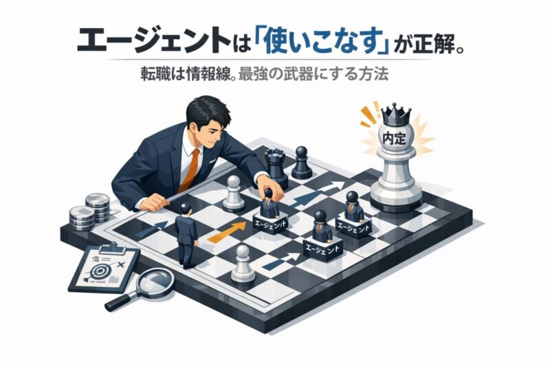 チェス盤の上でエージェントという駒を戦略的に動かす人物のイラスト。この記事のテーマである「**転職 エージェント 使うべきか**」という問いに対し、エージェントを武器として賢く使いこなす戦略を象徴する一枚。