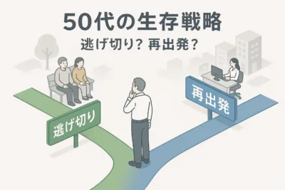「逃げ切り」と「再出発」の分岐点に立つ50代の人物のイラスト。この記事のテーマである「会社 行き たく ない 50 代」が直面するキャリアの選択肢と決断を象徴する一枚。