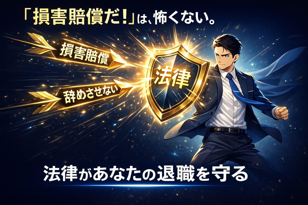 会社からの「損害賠償」という脅しに対し、法律の盾で対抗するビジネスパーソンのイラスト。この記事のテーマである「退職 揉める」際の法的対処法を象徴する一枚。