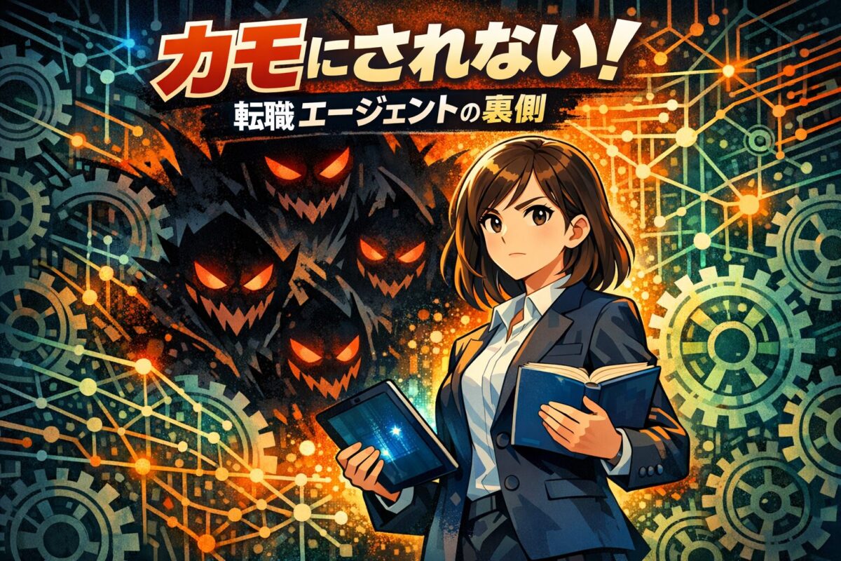 転職エージェントの裏事情と対策を象徴するイラスト。この画像は、転職エージェントにカモにされないための防衛術と交渉術という記事のテーマを象徴する一枚。