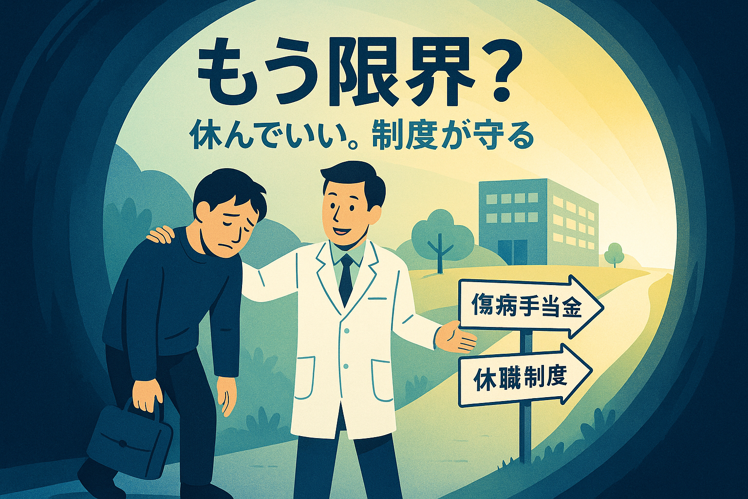 疲れた人物が、傷病手当金や休職制度の標識に導かれ、明るい未来へ進むイラスト。この記事のテーマである「仕事 やる気 が 出 ない 辞め たい」という限界状況において、セーフティネットがあることを象徴する一枚。