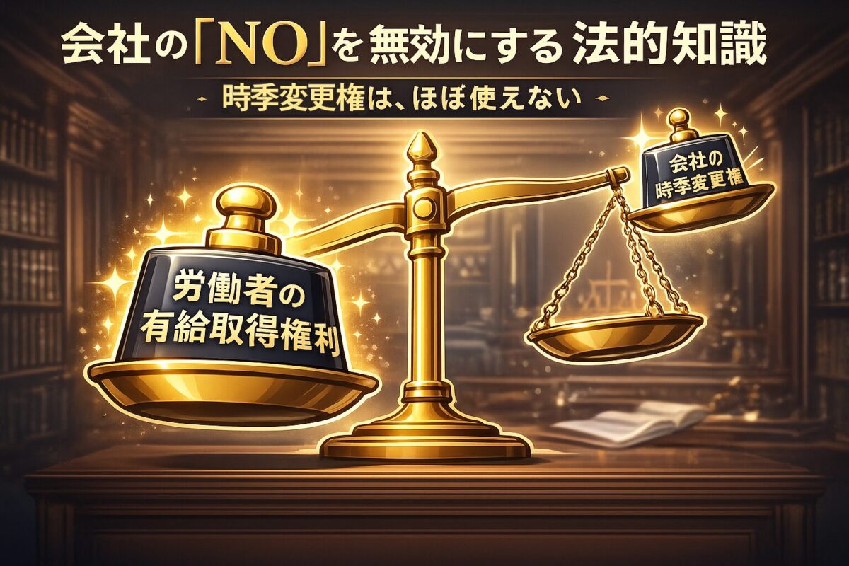 「労働者の権利」と「会社の時季変更権」が乗った天秤が、労働者側に大きく傾いているイラスト。この記事のテーマ「退職 有給 消化 言い方」の背景にある法的優位性を象徴する一枚。