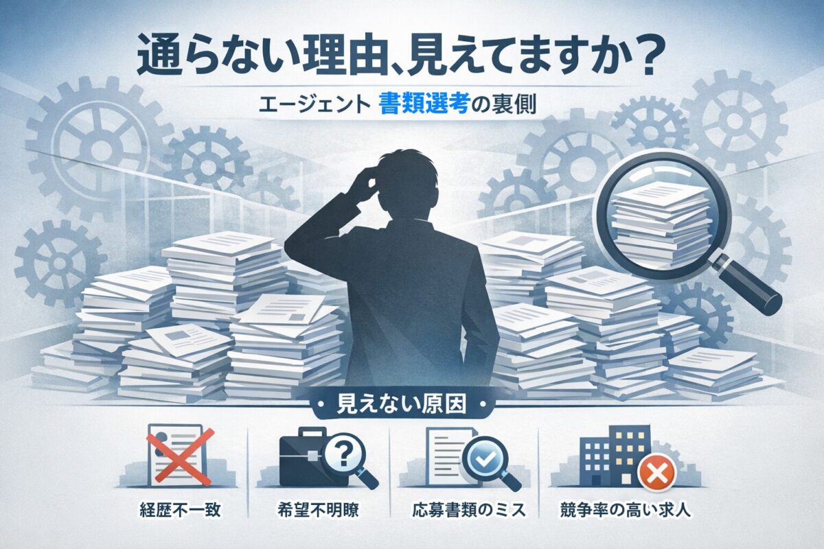 転職エージェント経由で書類選考に通らない原因を問いかけるデザイン。この記事のテーマである「転職エージェントで書類選考に通らない理由と通過率を上げる推薦状戦略」を象徴する一枚。