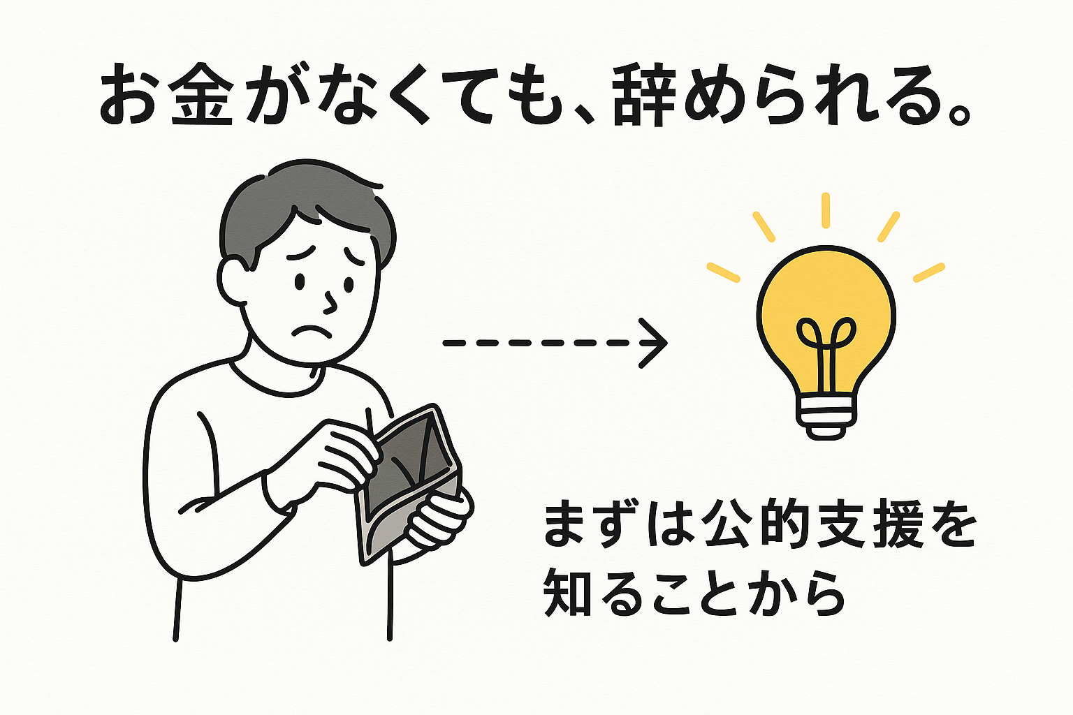 空の財布を見て悩む人物から、解決策を示す電球へ矢印が伸びているイラスト。この記事のテーマである「仕事 辞め たい お金 ない」という悩みに共感し、解決への道筋を示す一枚。