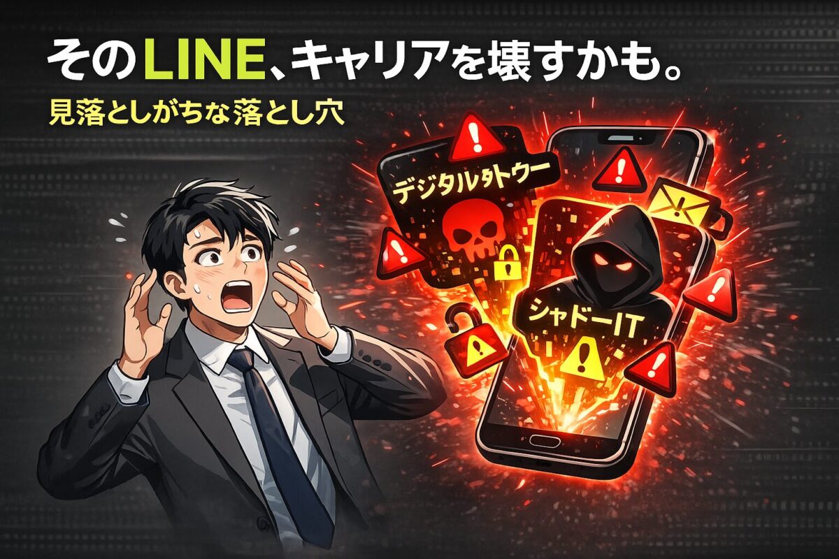 スマートフォンの画面から「デジタル・タトゥー」と「シャドーIT」のアイコンが飛び出し、それに驚くビジネスパーソンのイラスト。この記事のテーマである「退職 line 挨拶」に潜むキャリアリスクを象徴する一枚。