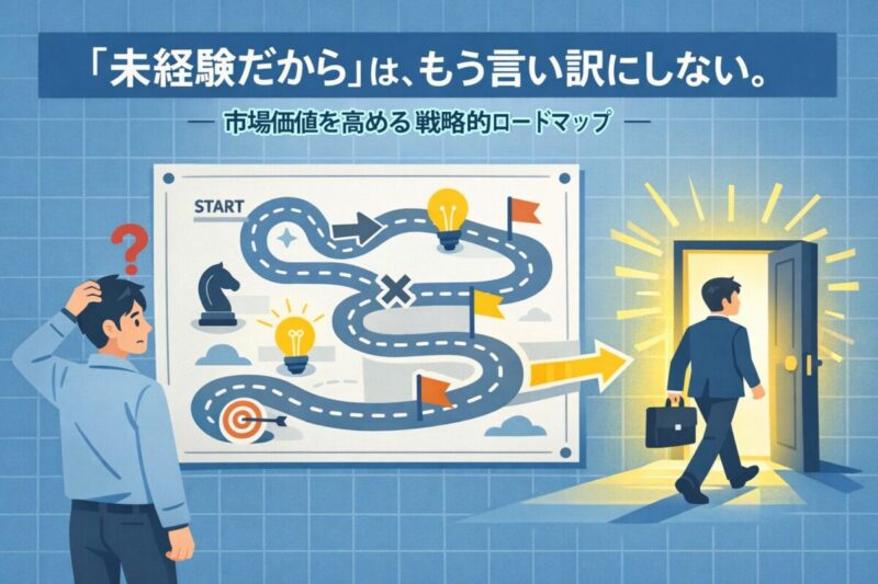 ロードマップを見て光の扉へ向かう人物のイラスト。この記事のテーマである「転職 未経験 うまくいかない」状況を打開する戦略を象徴する一枚。