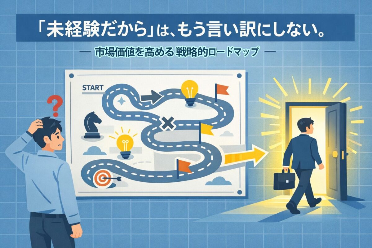 ロードマップを見て光の扉へ向かう人物のイラスト。この記事のテーマである「転職 未経験 うまくいかない」状況を打開する戦略を象徴する一枚。
