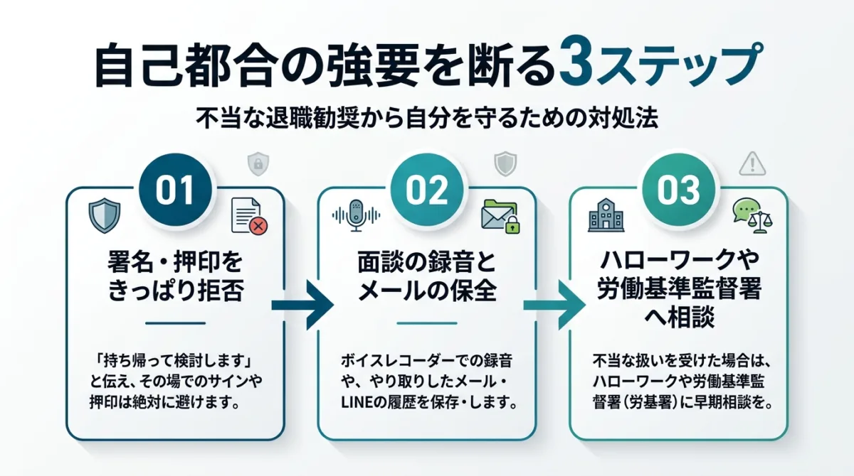 自己都合の強要を断る3ステップ(不当な退職勧奨から自分を守るための対処法)