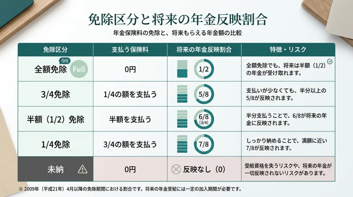 免除区分別の支払保険料と将来の老齢基礎年金反映割合の比較