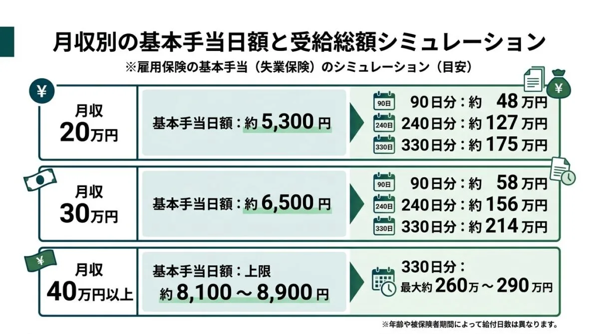 月収別の基本手当日額と受給総額シミュレーション